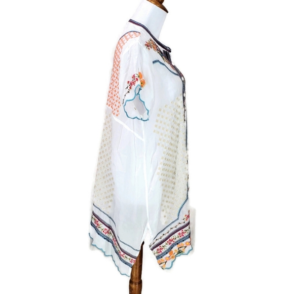 Johnny Was Tunic Top Embroidered Moji In White Boho Flowy Semi Sheer Size M - Picture 5 of 12